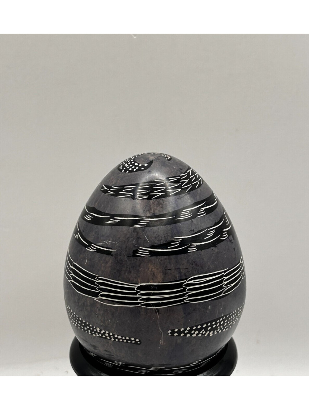 Hand Carved African Soapstone Egg from Kenya Hand Painted Artisan Gray/black 3"
